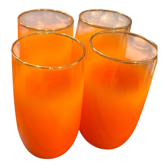 1960 1960\'s Blendo Ombré Frosted Orange Glass Pitcher and Glasses Gold Trim Set
